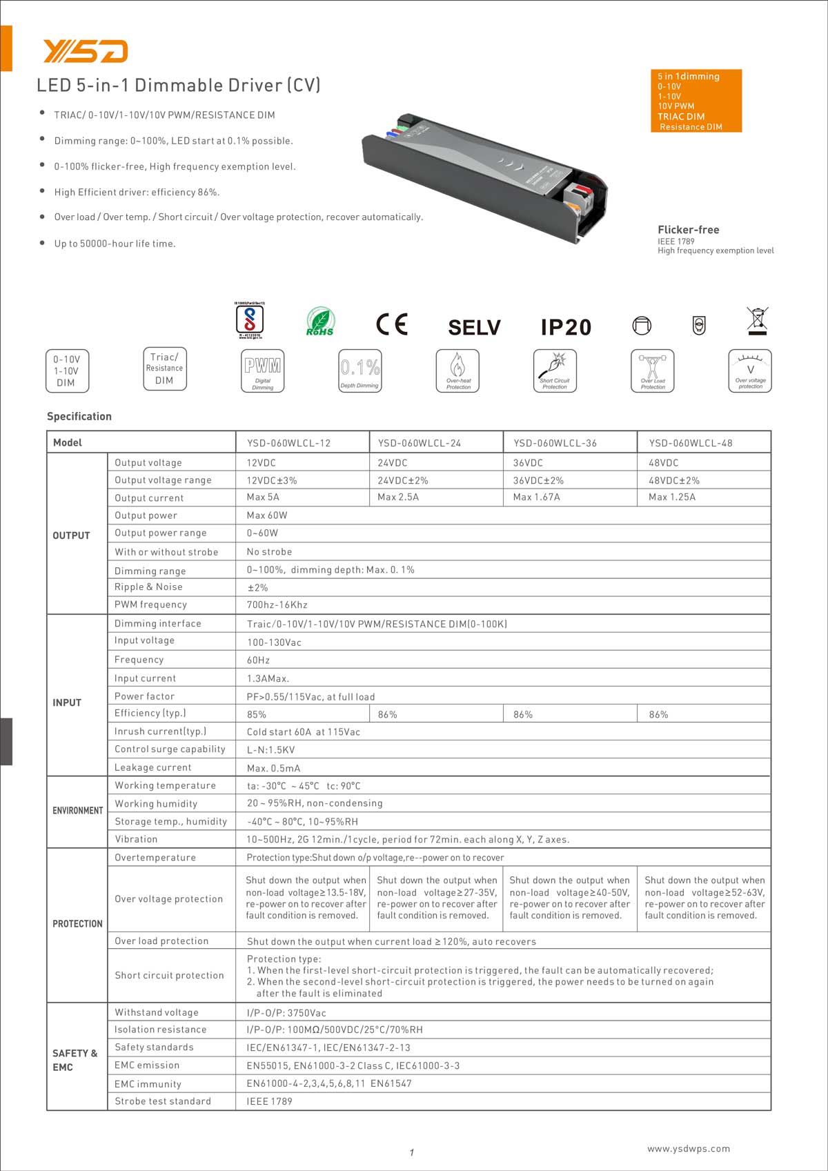60W 12V/24V CV dimmable LED power supply YSD-60W/CP