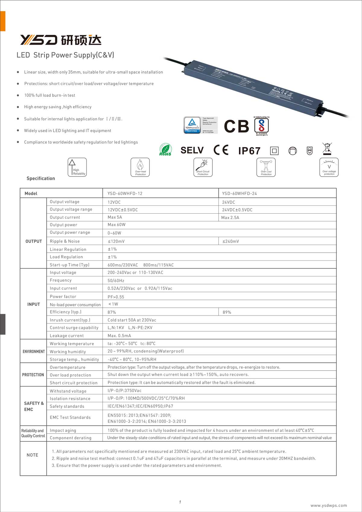 60W 12V/24V CV dimmable LED power supply YSD-60W/CP
