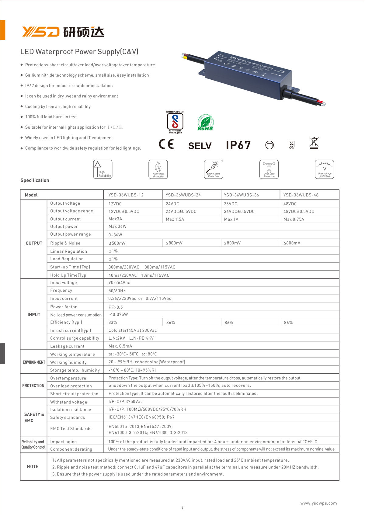 60W 12V/24V CV dimmable LED power supply YSD-60W/CP