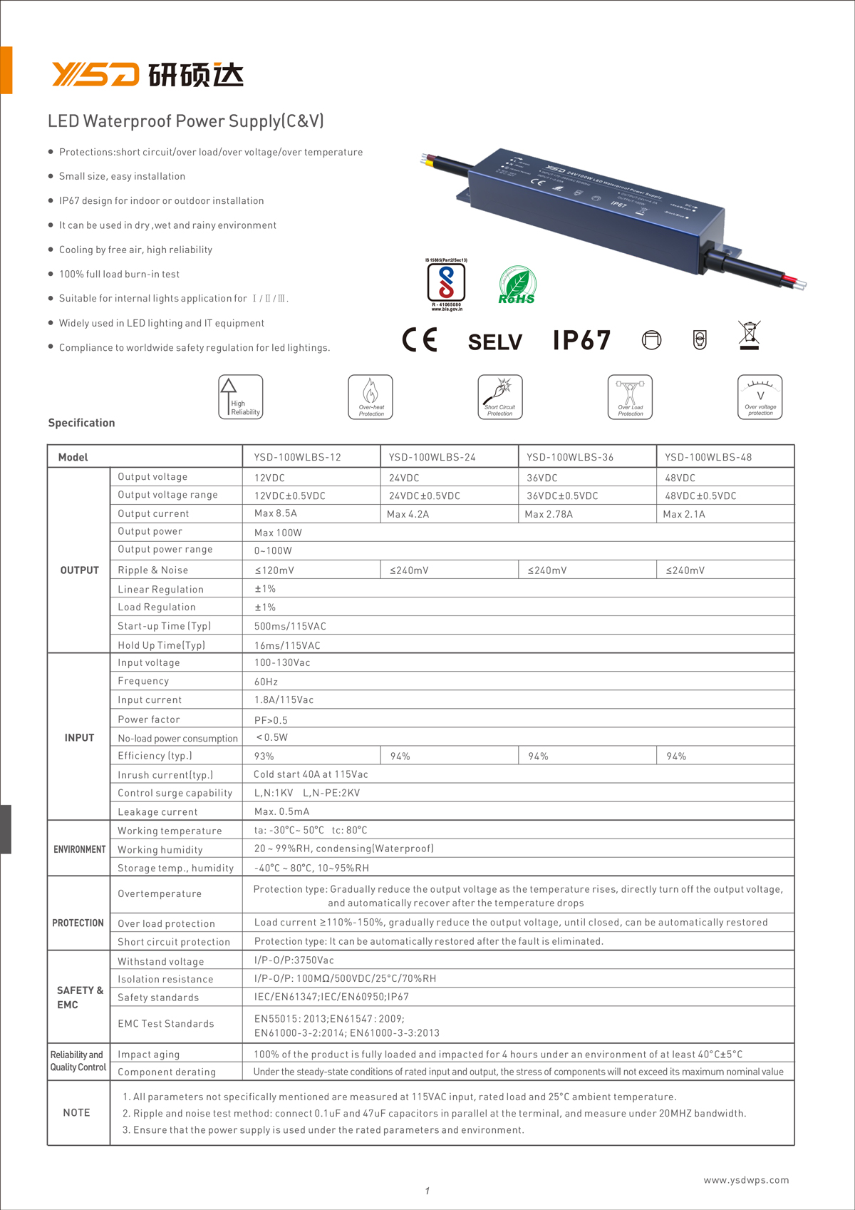 60W 12V/24V CV dimmable LED power supply YSD-60W/CP